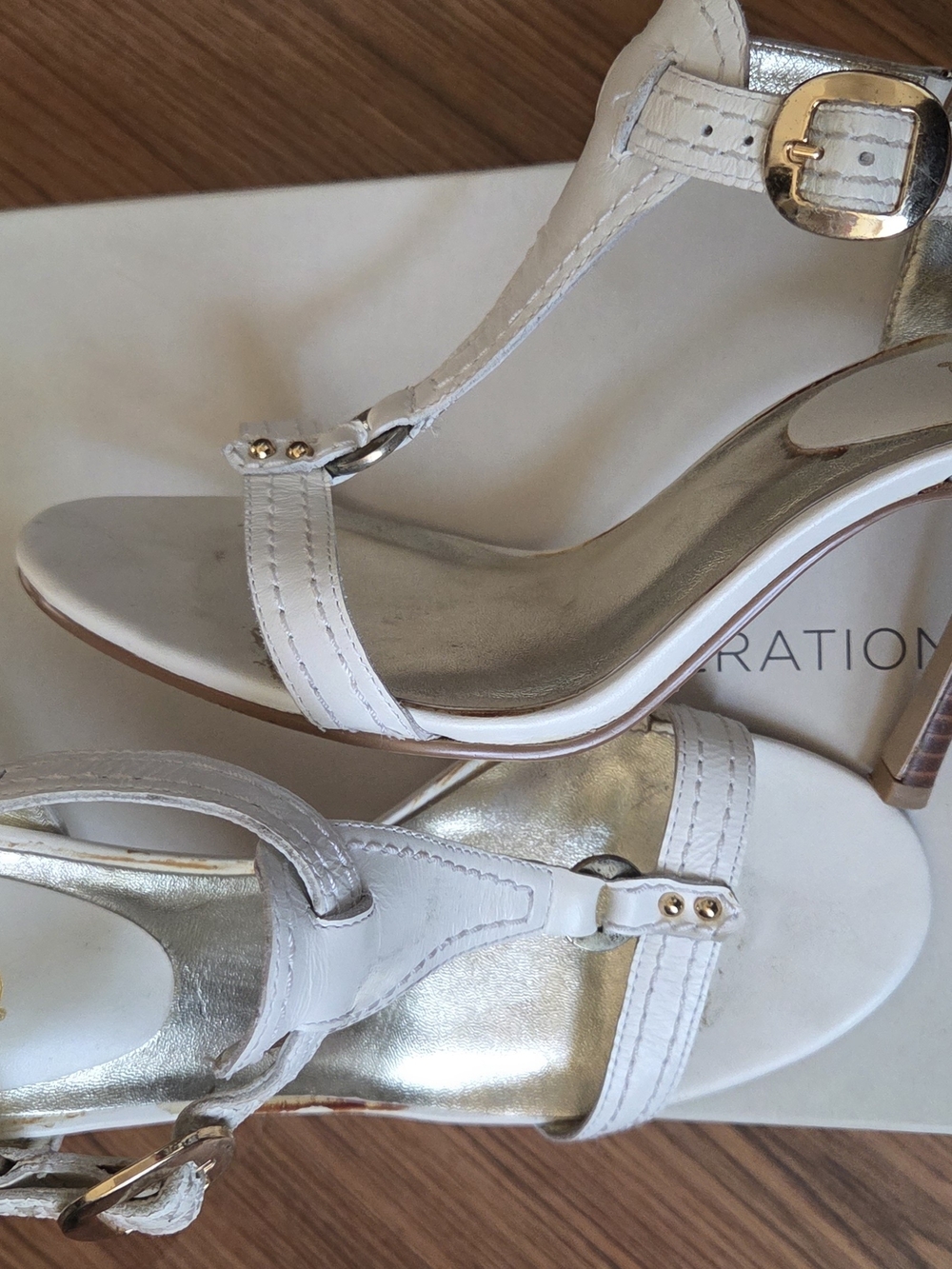 BCBGeneration White Leather T-Strap Sandals with Gold Accents - Picture 5 of 5